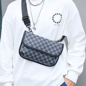 Korean Street Men's Messenger Bag Pu Trendy Plaid Mobile Phone Bag Fashion Shoulder Bags for Men