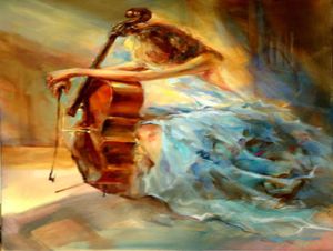 Atemberaubendes, echtes, rein handgemaltes weibliches Porträt-Ölgemälde auf Leinwand, wunderschönes impressionistisches Mädchen mit ihrer Violine7480516