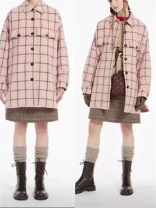 Kvinnors dike rockar Kvinnor Kontrast Färg Plaid Pink Jacket Autumn Winter 2023 Damer avviker krage långärmad enkelbröstrock