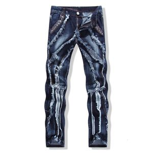 Herren Jeans Trendy Patchwork Denim Hosen Hohe Qualität Slimfit Rivet Dekore Blau Street Fashion Sexy Daily Casual; 230404