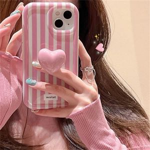 Połączenie telefoniczne koreańskie śliczne ceramiczne stojak na Pink Stripe iPhone 14 13 12 11 Pro ShockProof Soft Cover Fundda 231104