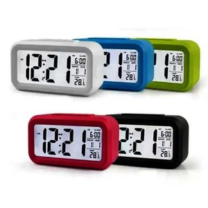 5 Colors Plastic Mute Alarm Clock LCD Smart Temperature Cute Photosensitive Bedside Digital Alarm Clocks Snooze Nightlight Calendar