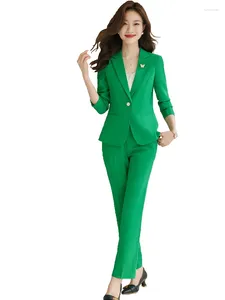 Calças de duas peças femininas 2023 feminino elegante ol verde azul terno blazer e calças jaqueta de negócios senhora do escritório 2 peças conjunto S-4XL