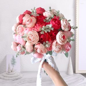 Decorative Flowers Artificial 18 Heads Silk Rose Peony Bridal Bouquets Fake Flower Simulation Flannel Home Party Wedding Decoration