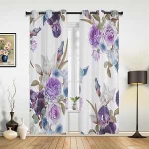 Curtain Rose Flower Purple Iris White Curtains For Bedroom Living Room Drapes Kitchen Children's Window Modern Home Decor