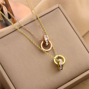 Necklace Designer Necklace Luxury Necklace Exquisite Double Ring Titanium Steel Pendant Necklace with Diamond Ring Interlocking Couple Party Gift