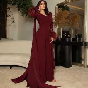 Burgundy Jumpsuit Evening Dresses V Neck Feather Sleeve Outfit Formal Party Gown Beaded Pansuit Prom Dress for Women