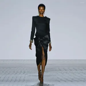 Skirts Est Black Satin Asymmetrical Mid Calf Women Maxi Zipper Waistband Bow Split Female Skirt Office Lady