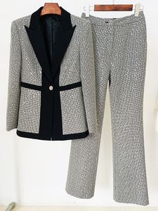 1029 XXL 2023 Milan Style Autumn Märke Samma stil Två stycken Set Lapel Neck Sequin Flora Tryck Långa byxor Empire Långärmad kvinnkläder Olaidi