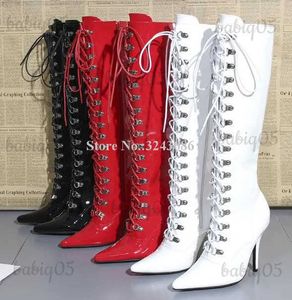 New Near Knee Woman Sexy Pointed Toe Lace-up Ladies Long Thin Heel Patent Leather Motorcycle Boots T231104