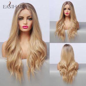Синтетические парики Easihair Long Wave Curace Front Wig для женщин с коричневым и блондинными синтетическими париками высокой плотности с устойчивыми к тепловым волосам 230227