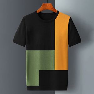 Herr t-shirts män sommar is silk stickad t-shirt manlig kort ärm lapptäcke tröja toppar män tunn rund hals smal passform tee skjortor a197 230404