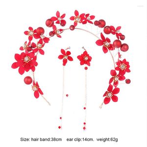 Halsband örhängen set kvinnor kinesisk stil röd blomma pannband brud bröllop simulering pärla huvudstycke delikat hårband tofs na