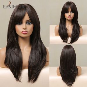 Synthetic Wigs Easihair Long Dark Brown Synthetic Wigs for Women Natural Layered with Bangs Hair Heat Resistant Cosplay Wig 230227