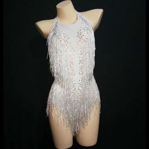 Bühnenkleidung, glitzernde Strasssteine, weiße Quasten-Bodysuit für Frauen, sexy Club-Outfit, Fransen-Tanzkostüm, einteiliger Show-Sänger-TrikotStag286j