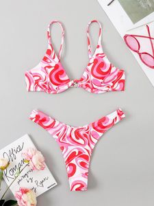 Menas de banho feminina feminino de onda rosa push up acolchoado de duas peças de banho cortado de verão biquini 2023 Biquíni sexy underwire