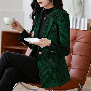 Ternos femininos 2023 Autumn Winter Ladies Professional Office Lapel Suit de traje casual Mulheres trabalham solto de veludo casaco verde