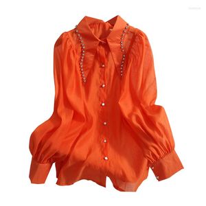 Women's Blouses Fashion Retro Blouse Women Spring Summer Diamond-studded Shirts Streetwear Loose Puff Long-sleeved Lapel Tops Autumn