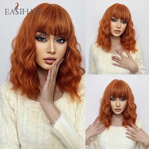 Syntetyczne peruki Easihair Orange krótkie syntetyczne peruki Body Fala dla kobiet z grzywką Cosplay Lolita Naturalne włosy odporne na ciepło 230227