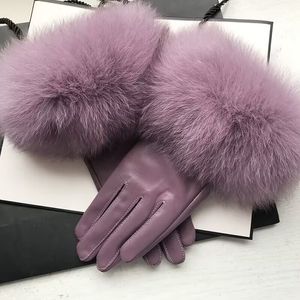 Designer läderhandskar riktiga rävhandskar mode fasta mettens fingerlösa vinterhandskar för damer flickor mjuka varma krismor gåvor vindtät frostskyddsmedel