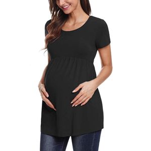 Klänningar kvinnor toppar kort ärm randig tunika casual graviditet t-shirt moderskapskläder bekväma smickrande sommarblusar 230404 31