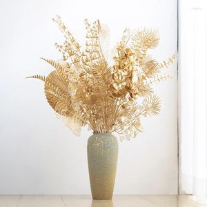 Decorative Flowers Gold Artificial Ginkgo Orchid DIY Year Home Wedding Christmas Decor Eucalyptus Leaf Fake Plant Flower Arrangement