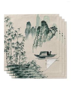 Table Napkin 4pcs Chinese Painting Ink Bamboo Boat Square 50cm Wedding Decoration Cloth Kitchen Dinner Serving Napkins