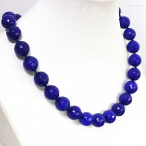 Kedjor Elegant Blue Lapis Lazuli Jades Stone Chalcedon Facetterade runda pärlor 14mm kvinnor Fashion Chain Necklace Jewelry 18inch