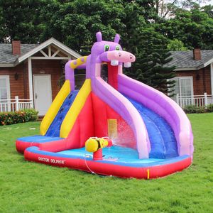 Scivolo gonfiabile per bambini Parco acquatico Cortile Giochi al coperto o all'aperto Divertimento Castello saltante Tema ippopotamo Piscina portatile Spray umido e secco Giocattoli Giardino Piccoli regali Festa di compleanno