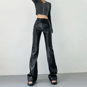 Women's Pants PU Casual LOOSE Black Faux Leather Straight Leg Female Full Length Button Wide Trousers Women Streetwear