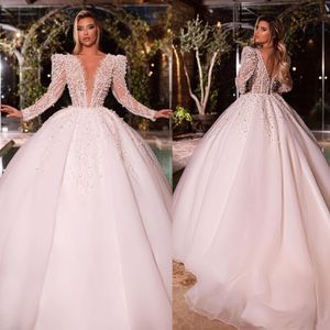 Gorgeous Ball Gown Wedding Dresses Deep V-neck Long Sleeves Applicants Pearls Backless Zipper Chapel Gown Pleats Custom Made Bridal Gown Plus Size Vestidos De Novia