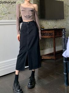 Skirt Denim Retro Washed Ulzzang High Waist Streetwear Vintage All match Front slit Design Chic Female Student Mid calf 230404