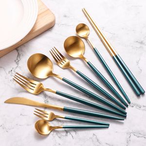 Dinnerware Sets Matte Green Gold Cutlery 18/10 Stainless Steel Flatware Kitchen Steak Set Spoon Fork Knife Chopsticks Tableware