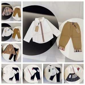 Children's designer spring and autumn new long-sleeved shirt with trousers set letter embroidery check lapel casual fashion children's two-piece set F013