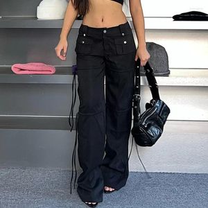 Calças femininas y2k vintage cyber grunge carga com tiras calças de cintura baixa sweatpants fundos retos com bolsos 2000s retro streetwear