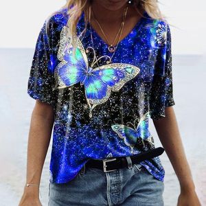 Camisetas femininas Mulheres impressas de borboleta Manga de borboleta solta impressão casual tingimento de tingimento de mulheres tops moda fêmea ao ar livre