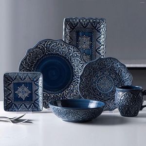 Bowls Nordic Ceramic Suit Household Relief Plate Bowl Underglaze Color Light Luxury And Retro Kitchen Supplies Tableware Salad