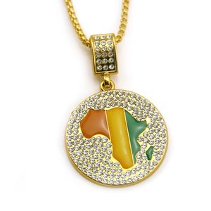 Hip Hop Rapper Shiny Diamond Pendant Gold Necklace Ha Jamaica Round Map Of Africa Pendant Copper Micro-Inset Zircon Jewelry 76cm Lattice Halsband 1935