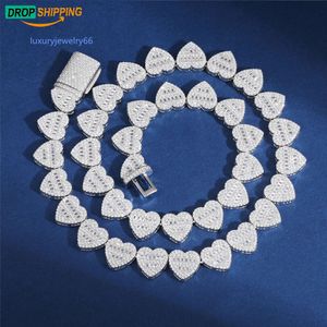 Dropshipping luxo hip hop jóias 13mm 925 prata esterlina vvs moissanite diamante gelado para fora forma de coração tênis corrente colar