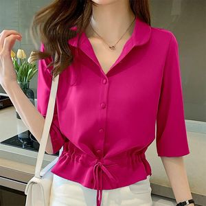 Chic Chiffon Blouses for Women - Summer Solid Turn-down Collar Half Sleeve Shirt