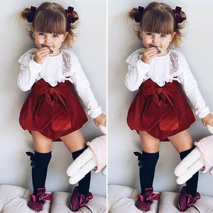 Clothing Sets 6t Girls Outfits Born Infant Baby Two-piece Suit Solid Lace Long Sleeve Tops Tee Shirts Straps Shorts 14 16