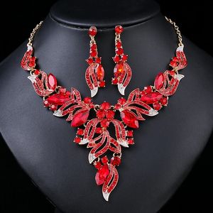 Barock guldfärg röd kristallblad brud smycken uppsättningar för kvinnor choker halsband örhängen bröllop dubai smycken set tillbehör
