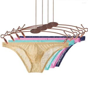 Cuecas masculinas rendas transparentes ver através de roupa interior baixa ascensão sexy gelo seda respirável saco pequeno triângulo calças desliza lingerie