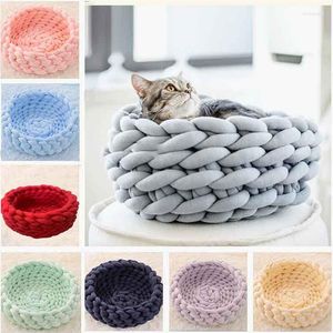 Kattsängar 8Colors Pet Sleeping Round Cushion Warm Soft Dog Bed Handmited Knit Nest Puppy Kitten Cave Basket Bag Supplie