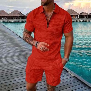 Men's Tracksuits Tailor Suits For Men Male Casual Striped Print Two Piece Suit Zipper Collar Short Sleeve Top Blouse Mens Tux Black