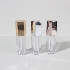 Lagringsflaskor grossist rosguld metall cap pentagon läppglansrör 5 ml femkantiga klara tomma rör lipgloss containesr