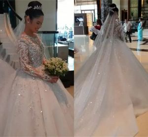 Luxurious Beadings Appliques Ball Gown Wedding Dresses Sexy Sheer Long Sleeves Beads Ruched Long Train Bridal Gowns Custom Made BC0895