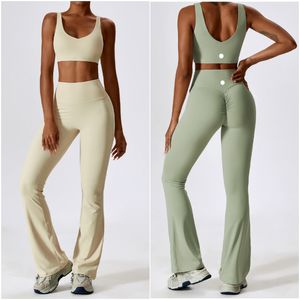 Lu Lu Yoga Outfit Set da yoga da donna Canotta Top senza maniche Pantaloni Pantaloni a zampa d'elefante Excerise Sport Palestra Corsa Pantaloni lunghi Elastici a vita alta Abbigliamento sportivo Tute