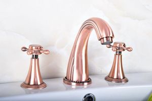 Rubinetti per lavabo da bagno Rame rosso antico Doppia maniglia a croce Montaggio su ponte 3 fori Diffuso Lavabo Vasca da bagno Rubinetto Miscelatore Rubinetto Drg076