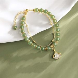 Strand Electroplated Opal Zircon Ginkgo Biloba Jade Double-Layer Bracelet Chinese Style High-Grade Temperament Hand Jewelry